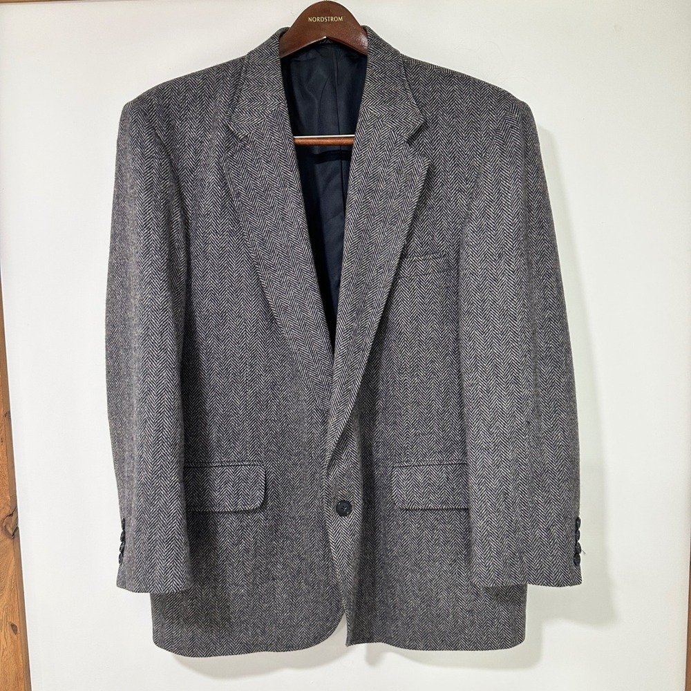 Lands End Sport Coat Blazer 44R Gray Herringbone Wool Lambswool Made in USA Men